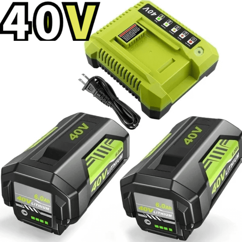 2 Pack 6.0Ah 40 Volt Replacement for Ryobi 40V Battery and Charger Kit Lithium OP4040 OP40401 OP4026 OP40261 OP4050 OP40601 (Green)