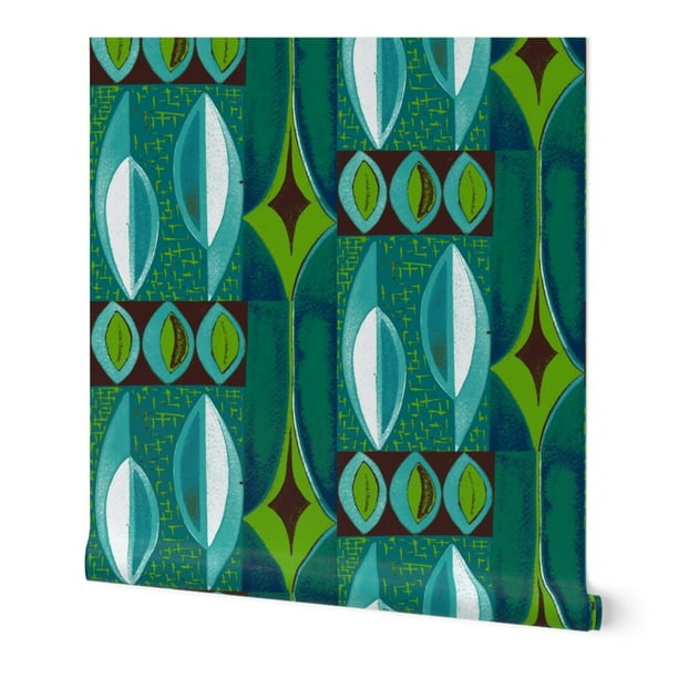 Wallpaper Roll Abstract Green Mid Century Modern Tiki Rugxotica 24in x