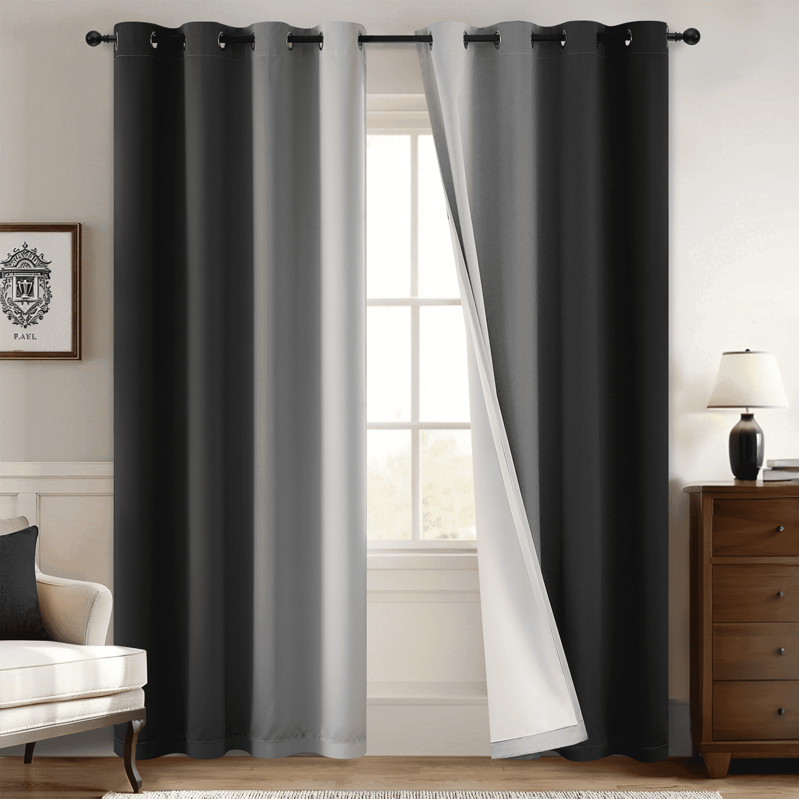 Yakamok 100% Blackout Curtains 84 Inch Length 2 Layers,Black Curtains for Bedroom Ombre Room Darkening Grommet Gradient Drapes, Light Blocking Thermal Insulated Window Curtains for Living Room