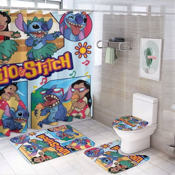 4 Piece Shower Curtain Set with Rugs Stitch Shower Curtain Bathroom Sets Decor Waterproof