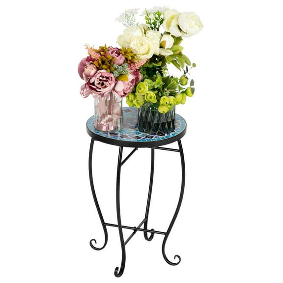 GoDecor Blue Ocean Mosaic Black Iron Outdoor Accent Table, Outdoor End Table, Coffee Table for Indoor