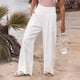 thumbnail image 4 of Overseas Women's Linen Elastic Waist Wide Leg Pants Casual Trousers Set, 4 of 5