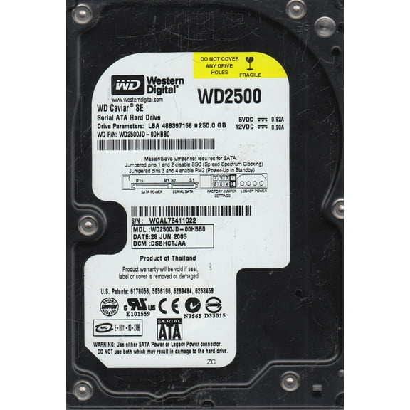 WD2500JD-00HBB0, DCM DSBHCTJAA, Western Digital 250GB SATA 3.5 Hard Drive