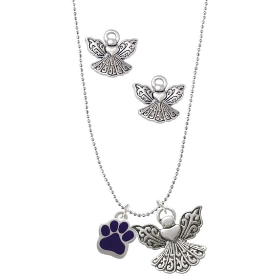 Delight Jewelry Silvertone Small Purple Paw Silver tone Guardian Angel Charm Necklace and Stud Earrings