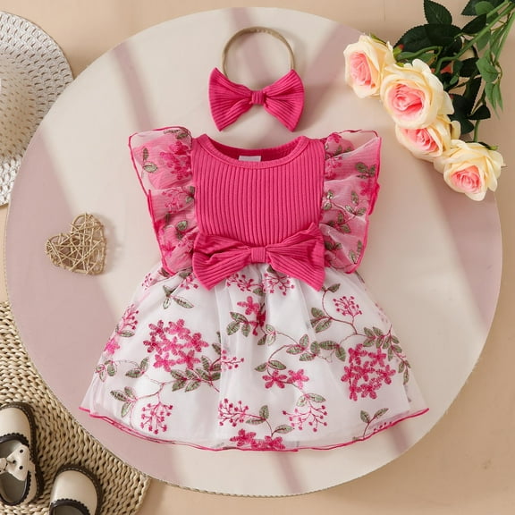 GBSYEWXS Toddler Girls Dress Summer Flower Print Flutter Sleeve Mesh Crew Neck Pink Dresses Size 9-12 Months