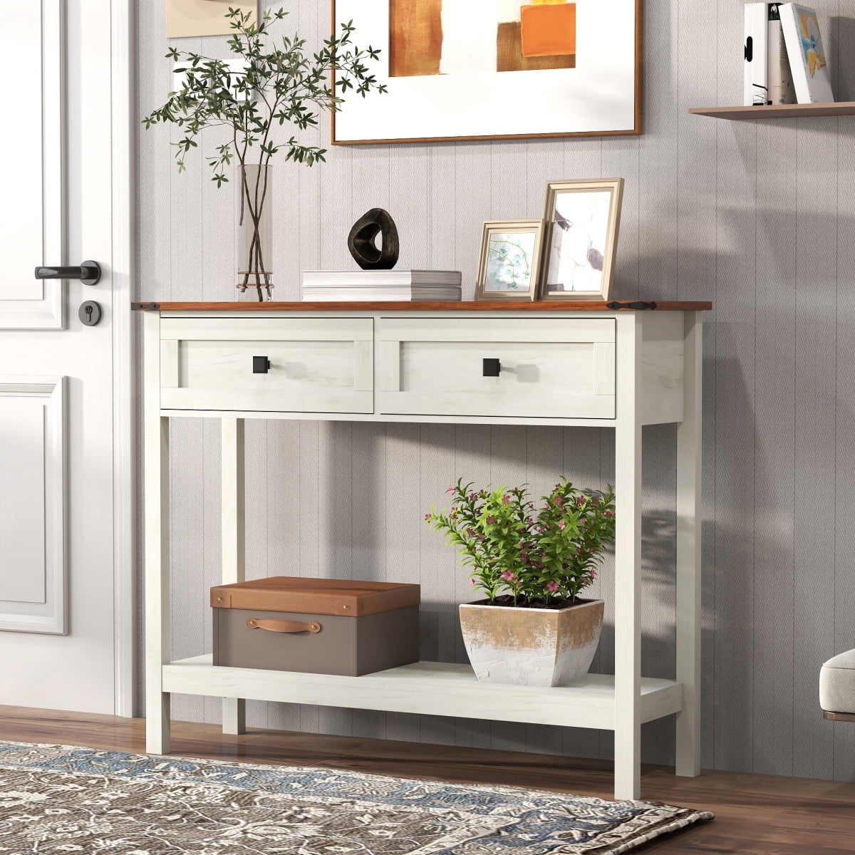 Console Table with Storage, Farmhouse Entryway Table, Rustic Sofa Table with 2 Drawers and Bottom Shelf for Living Room, Hallway, Foyer, Antique White