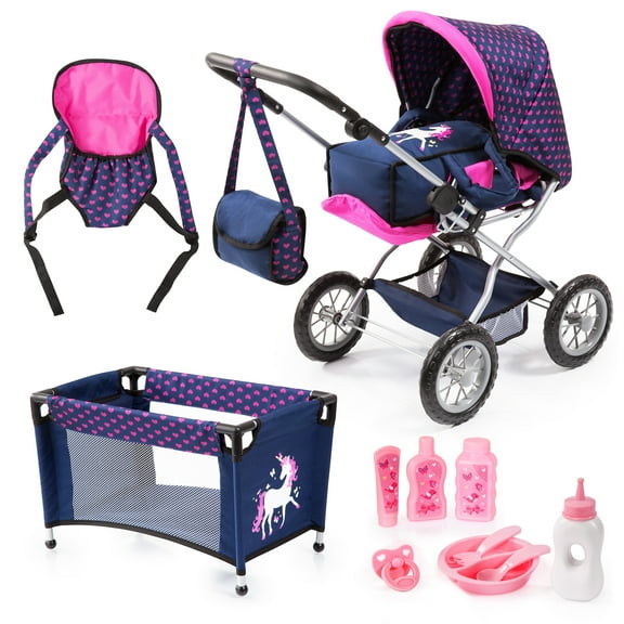 Bayer Design: Doll Combi Grande Mega Set - Navy-Pink- Unicorn - Pram-Play Pen Bed-Carrier, Feeding & Care Accessories For Dolls Up To 18", Kids 3 