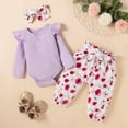 thumbnail image 2 of Odeerbi Infant Two-piece Set Baby Infant Girls Bow Outfits Flowers Print Ruffle Cotton Clothes Toddler Kids Bow Three-piece Outfit Purple, 2 of 9