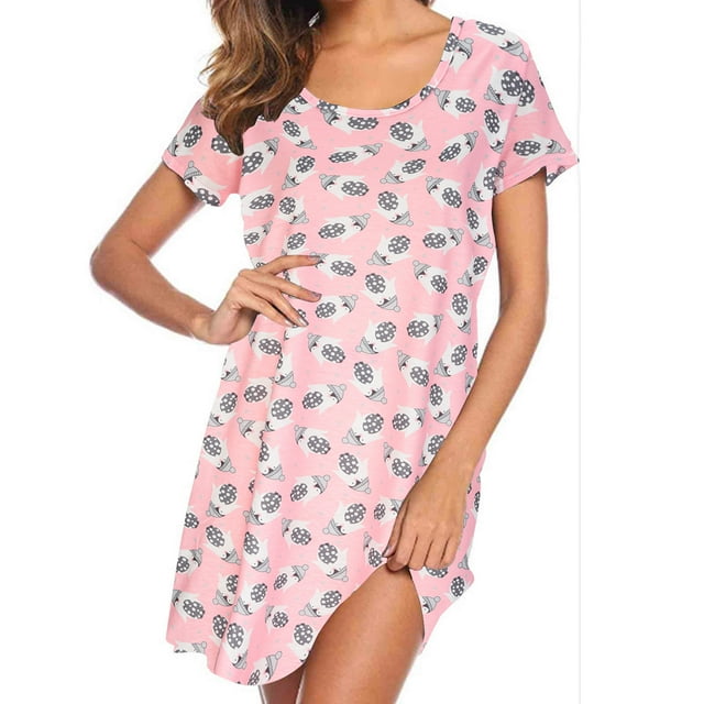 Hot! TIMIFIS Chemises de Nuit pour Femmes à Manches Courtes, T-Shirts de Nuit Imprimés, Vêtements de Nuit Doux et Confortables, Tenue d'Intérieur Décontractée, Grande Taille, Chemises de Sommeil de Nuit, Robe de Pyjama Printemps/été