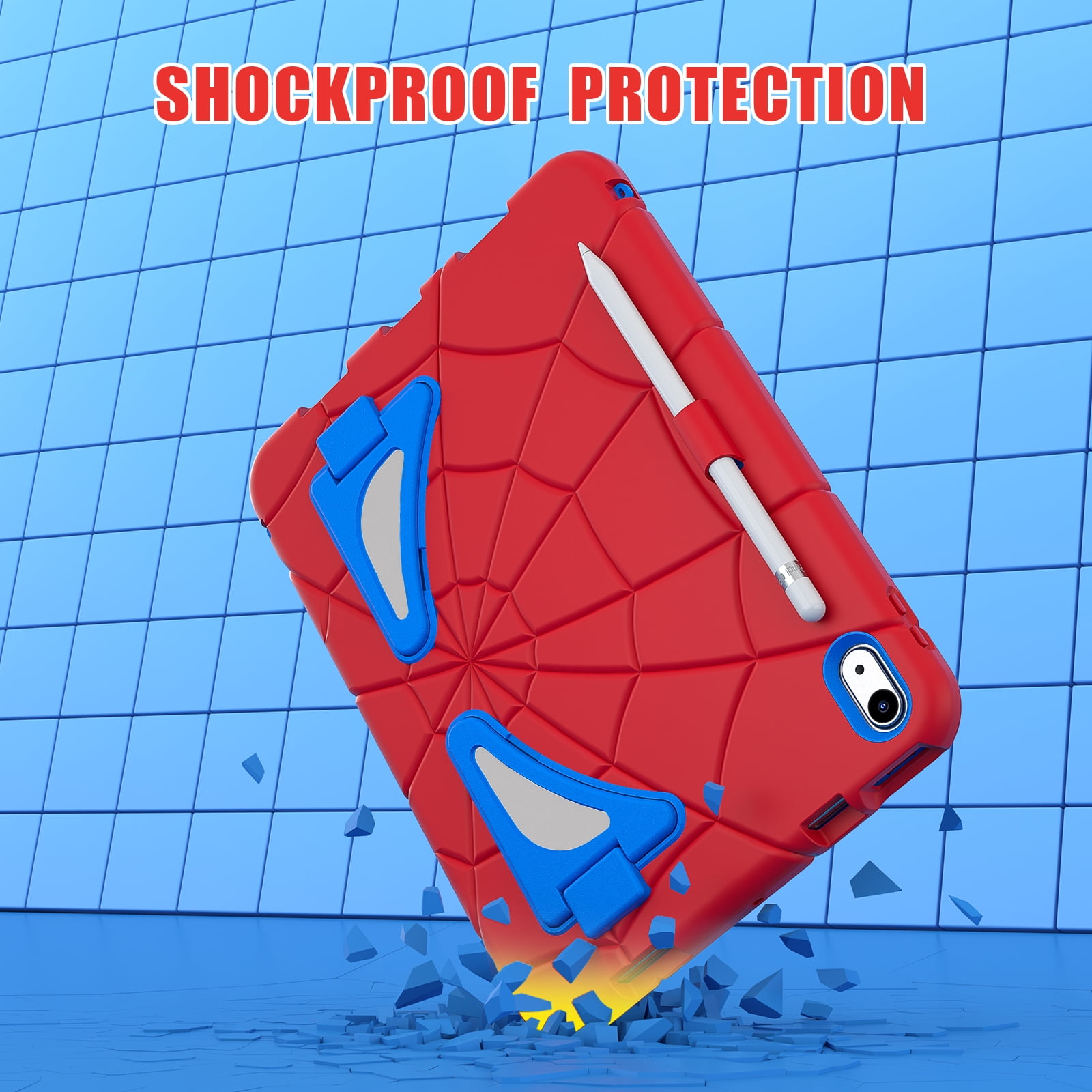 Kids Case for iPad A16 11th Generation 2025 / 10th Gen Case 2022, with Pencil Holder/Kickstand/Shoulder Strap Heavy Duty Protection Rugged Shockproof Hybrid Boy Girl Children Cover, Red + Blue
