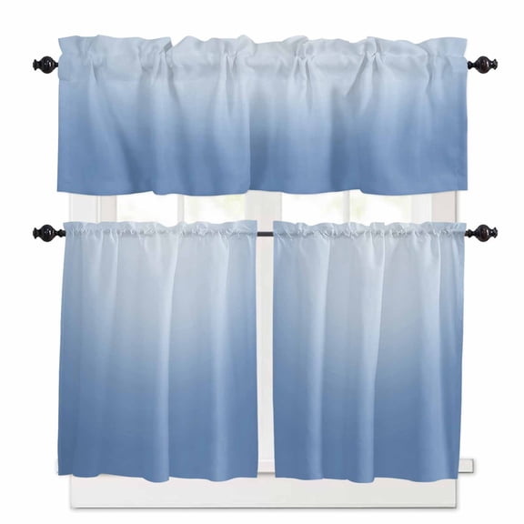 Gradient Blue Kitchen Curtains Valance and Tier Set Solid Simple Style Monochrome Minimalist Rod Pocket Short Curtains for Small Window 3 Pieces Set for Bedroom Bathroom Cafe (54" x 18" 27" x 36")