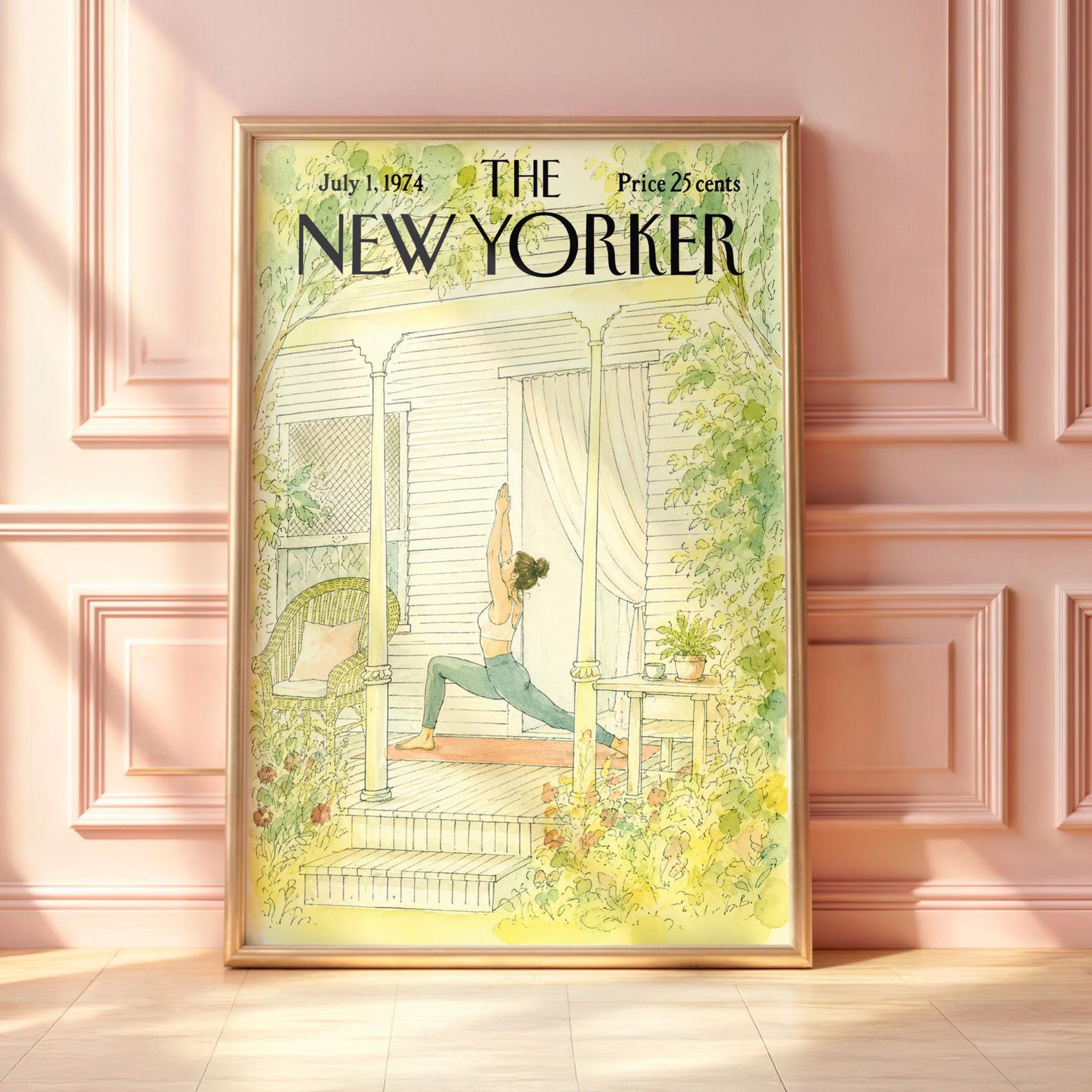 YELLOW Vintage Yoga Wall Art, Cozy Porch Mindful Morning Illustration, Cottagecore Wellness Fine Art Poster, Relaxing Home Decor, Unframed Wall Print