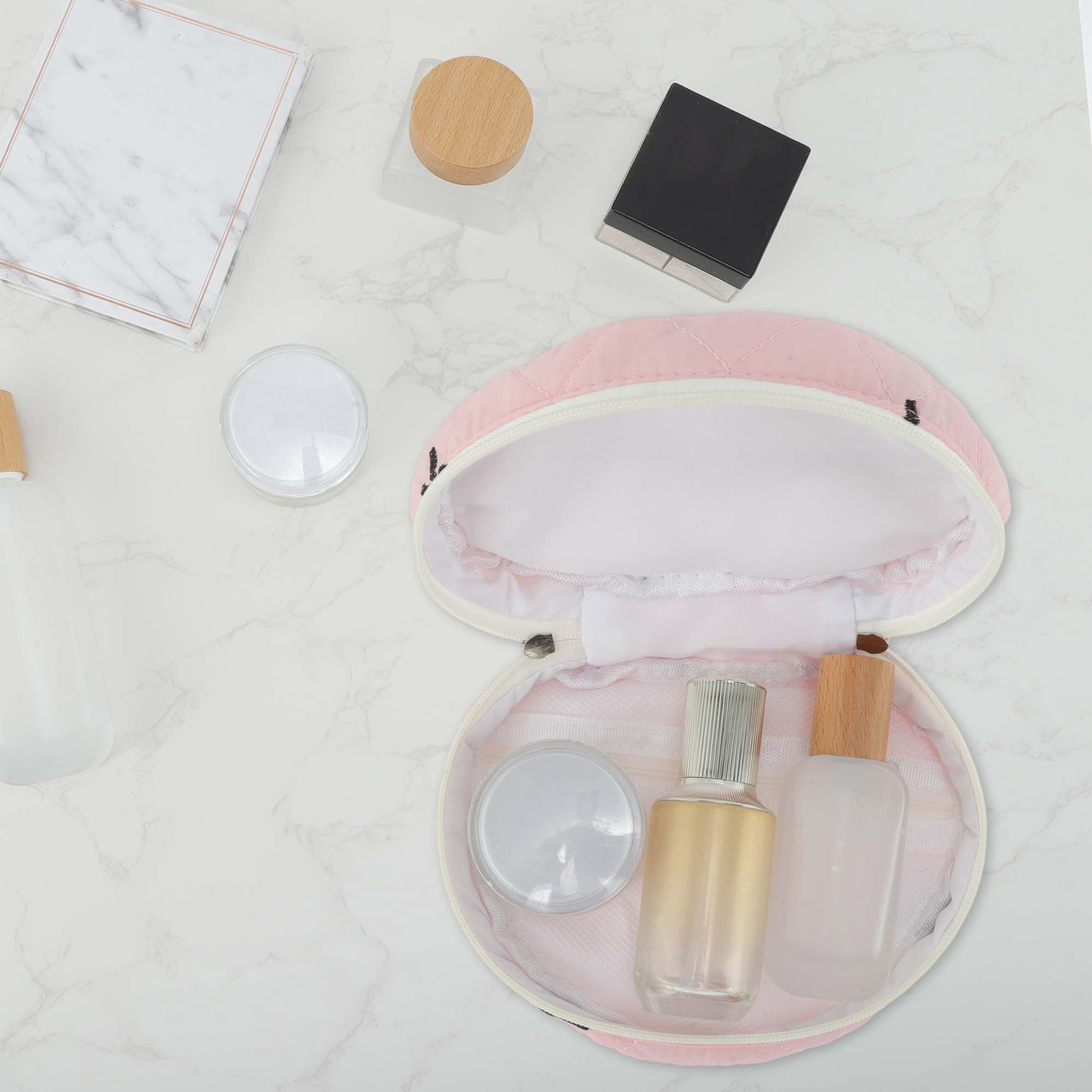 Unique Bargains 1 Pc Heart-shaped Embroidered Bow Makeup Bag Pink