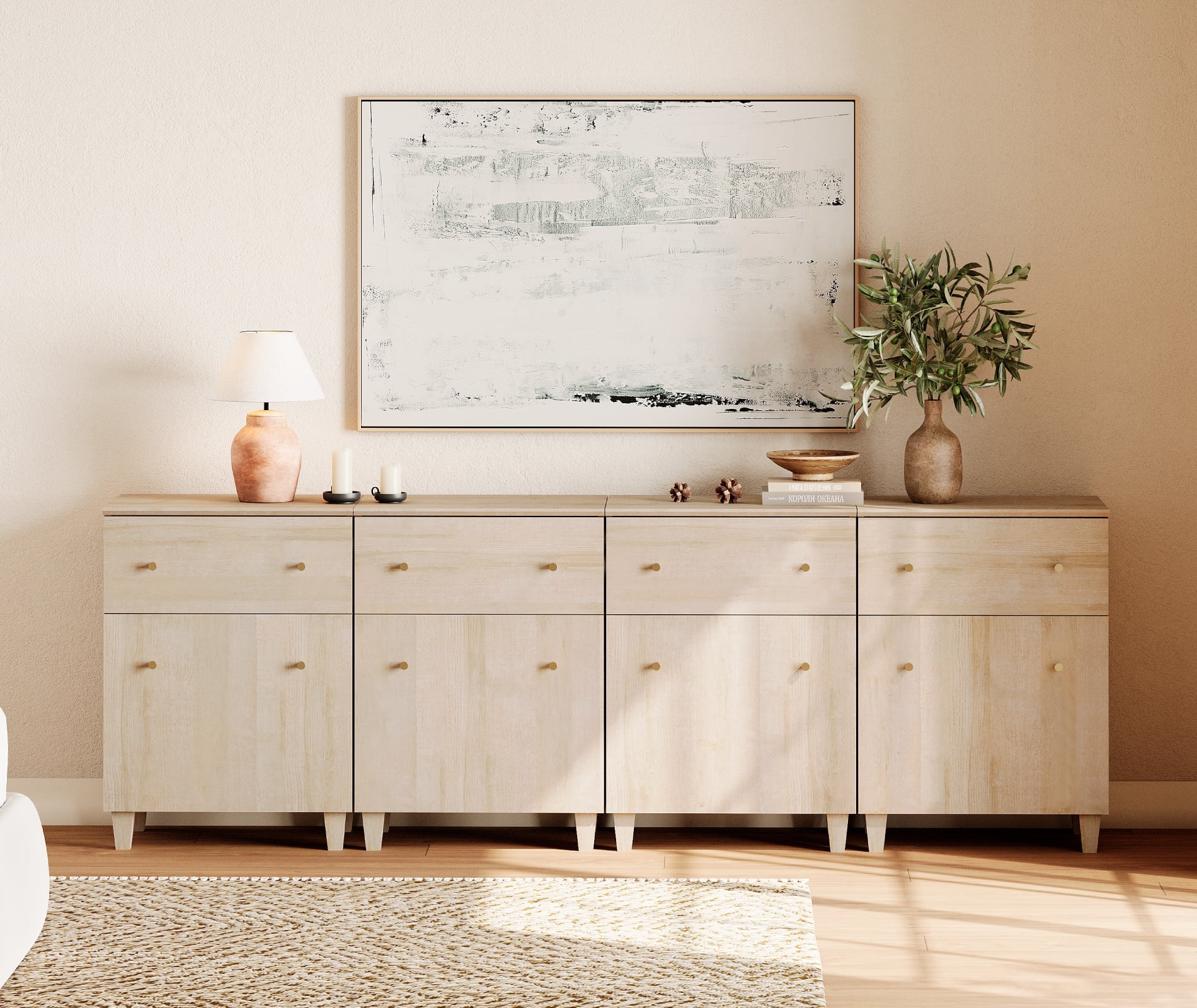 WAMPAT 4-in-1 Wood Dresser with 4 Drawers and 4 Cabinets for Bedroom, Modern Chest of Drawers, 94" Wide, Light Oak Wood Finish