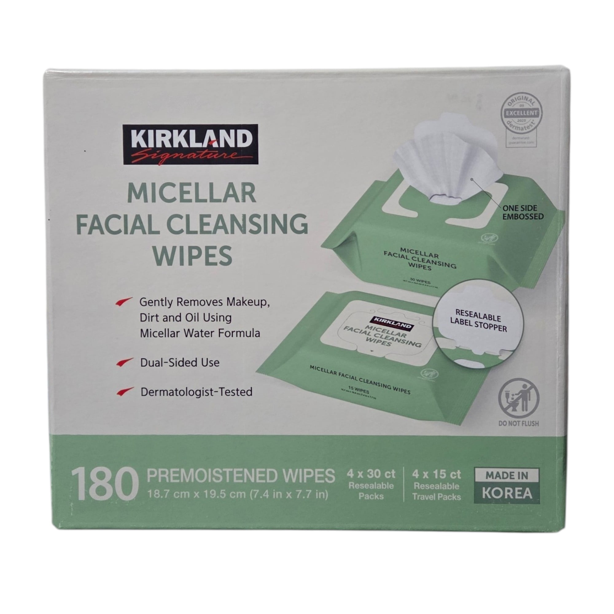 Kirkland Signature Micellar Facial Cleansing Wipes, 180 Count, Pre-Moistened, Dual-Sided Makeup Remover Wipes, Travel-Friendly Packs