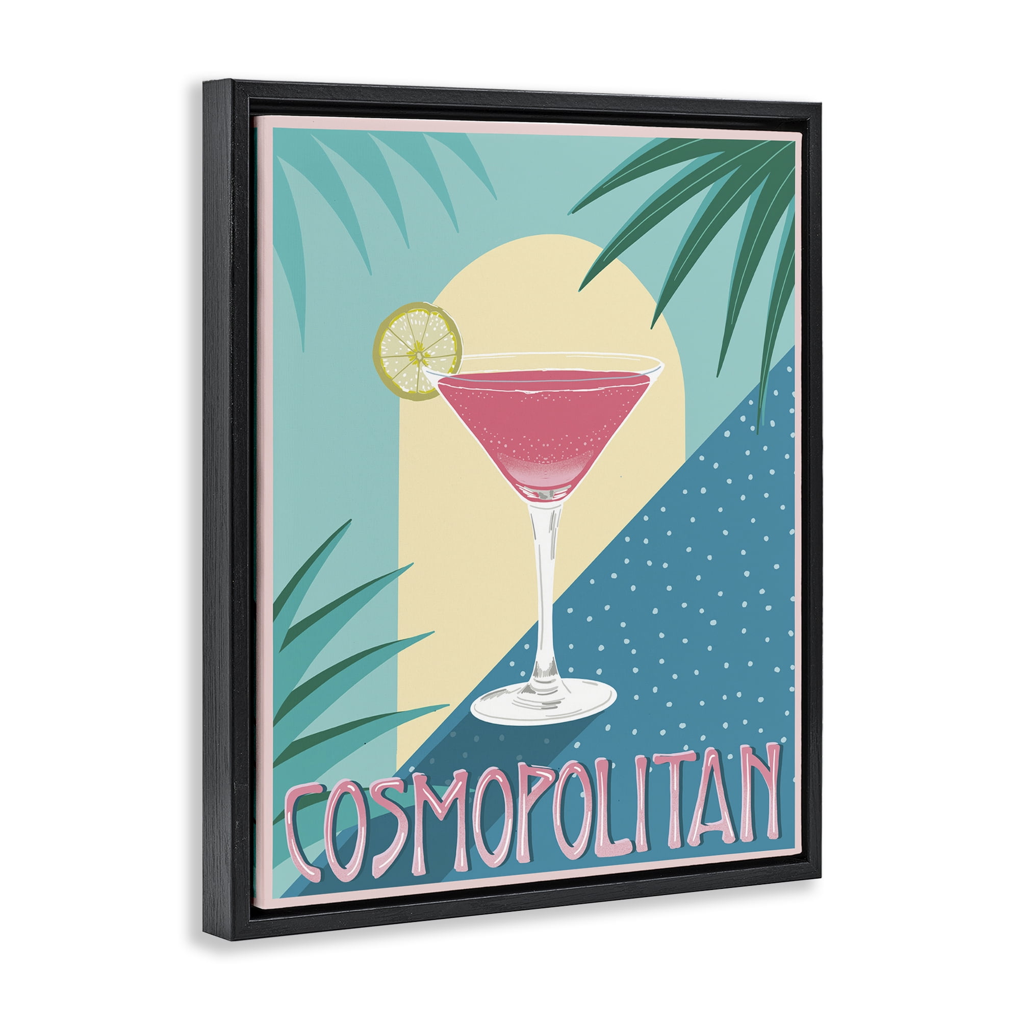 Stupell Industries Cosmopolitan & Palm Leaves Food & Beverage Painting Black Floater Framed Canvas Art Print Wall Art, 17 x 21