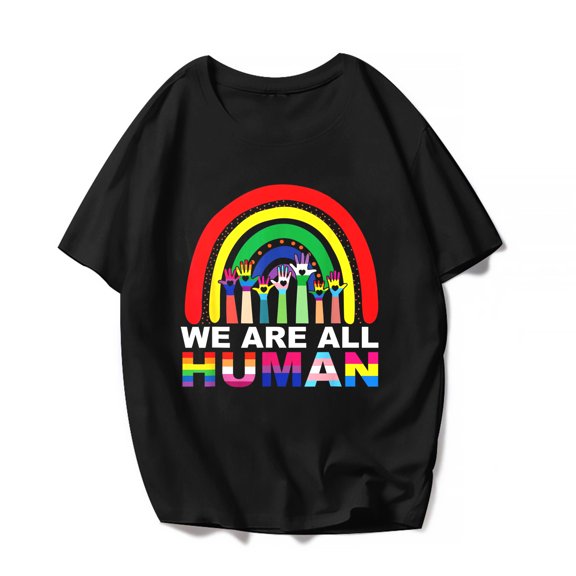 LGBTQ Pride Flag Rainbow Hand T-Shirt Women Men Tops We Are All Human Gay & Lesbian Graphics Funny Casual Shirts Gift Tee Black Small