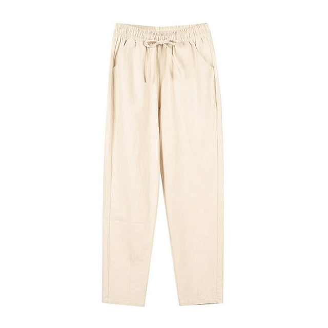 FAIWAD Womens Cotton Linen Jogger Pants Drawstring Elastic Waist Lightweight Cropped Pants Trousers