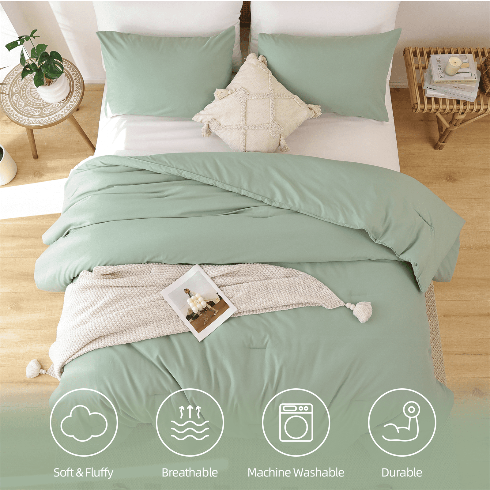 SPRINDAY Queen Comforter Set For Adult, 3 Piece Sage Green Comforter Sets & Bedding For All Season