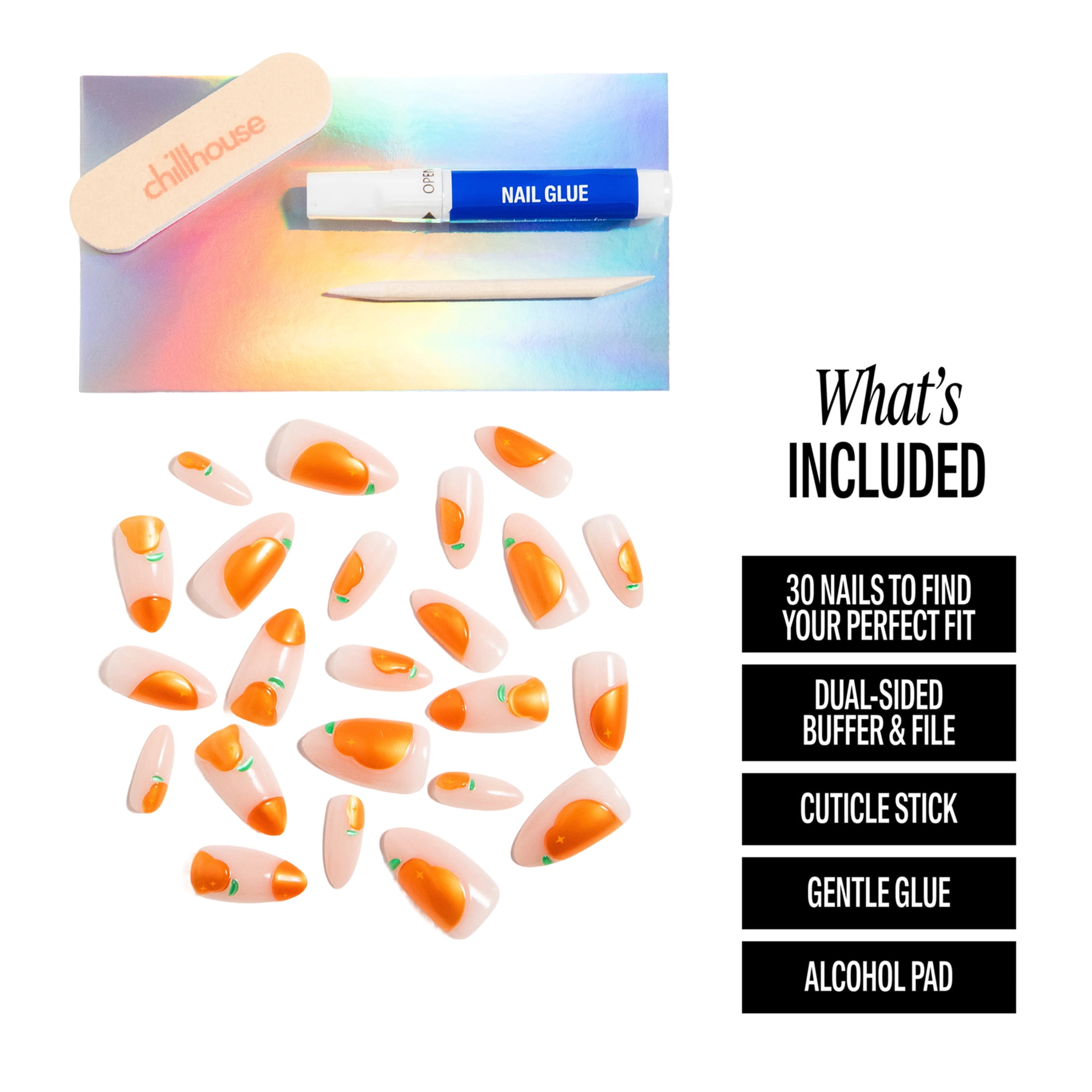 Chillhouse Chill Tips - Signatures Press On Nails, Worth the Squeeze, Almond Long, Orange and Beige, 30 Fake Nails