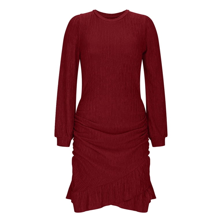 Haotags Women's Knit Dress, Jersey Dress Causal Soft Casual Knitwear Dress Wine L, Size: Large, Red