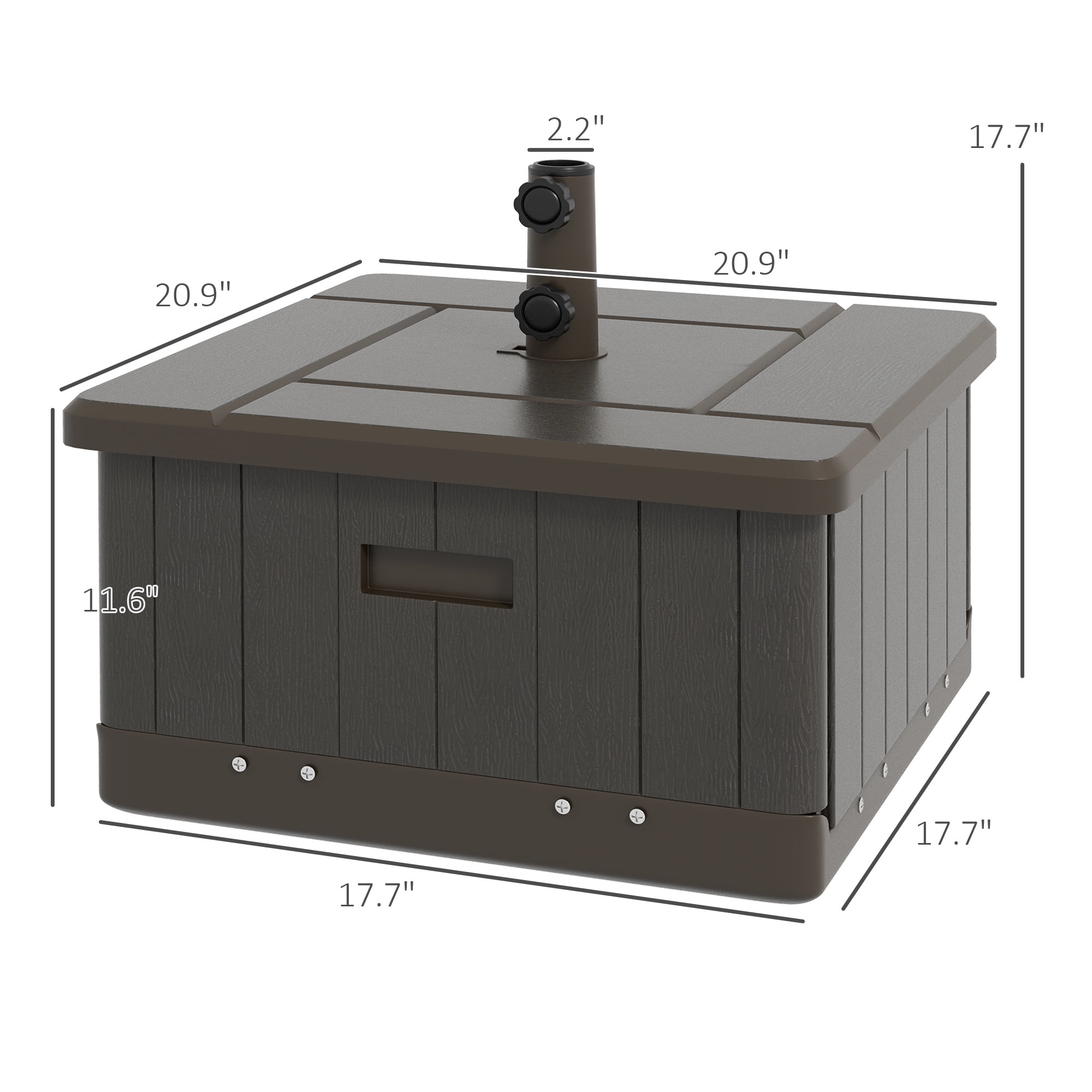 Outsunny 3-in-1 Outdoor Umbrella Base with Wheels and Handles, Coffee End Table, Flower Box Planter with Hole, 175 lbs. Capacity, Brown