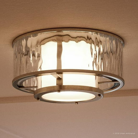 Urban Ambiance Luxury Coastal Flush-Mount Ceiling Fixture, Size: 7-3/8"H x 15"W, with Farmhouse Style Elements, Brushed Nickel Finish and Distressed Clear Shade, UHP2095