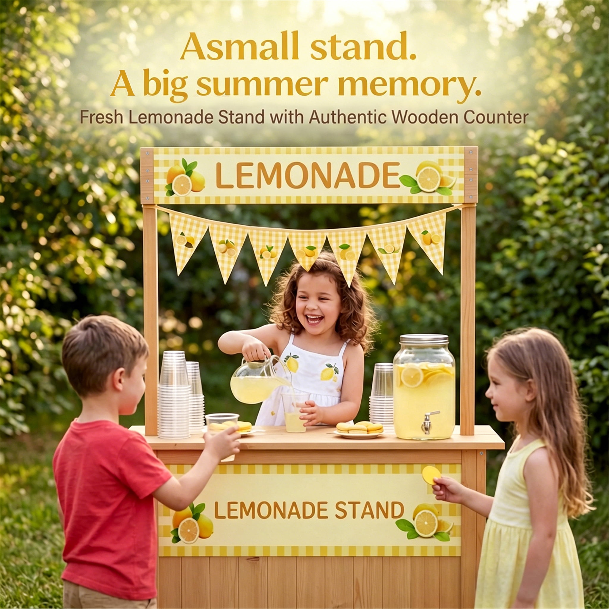 Lemonade Stand for Kids,  Lemonade bar with Fabric Banner & Skirt, 27.5” Counter Height Kids Outdoor Stand for Backyard, Parties & Pretend Play (Ages 5–10)