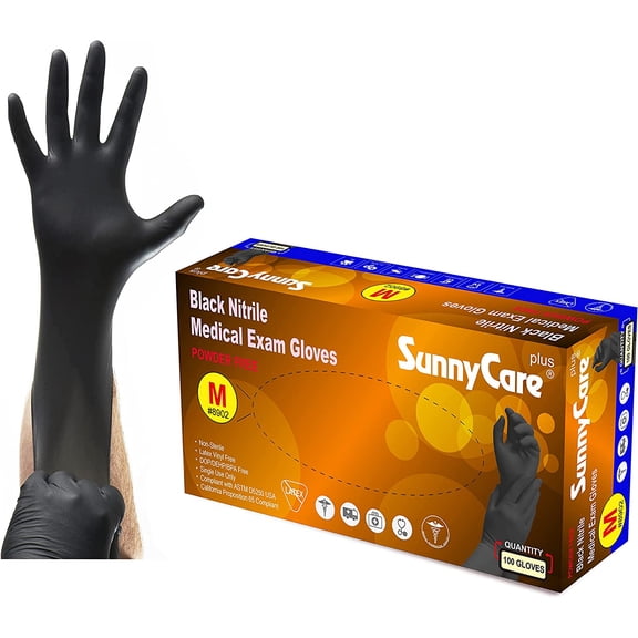 100Pcs #8902 SunnyCare 5mil Black Nitrile Medical Exam Gloves Powder (Vinyl Latex ) Size: Medium