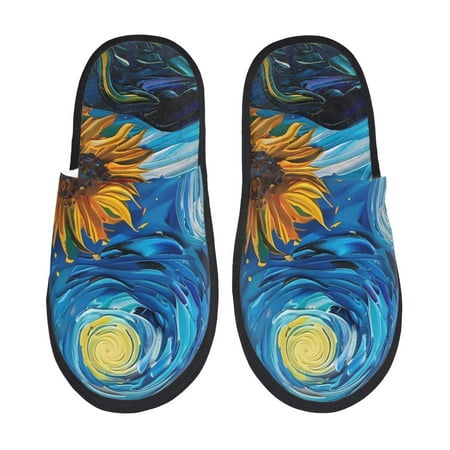 Balery Starry Night Sunflower Field Slient Indoor Furry Fleece Comfort House Shoes Soft Non-Slip Home Shoes Cotton slippers House Slippers-- Medium
