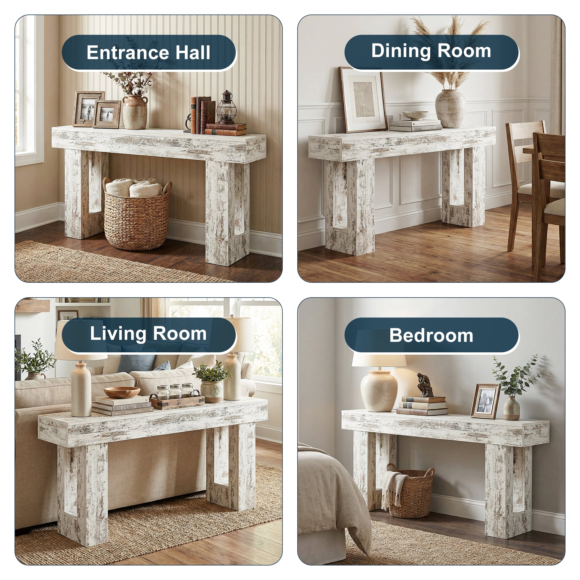 Demi Bonn 63" Console Table, Farmhouse Wooden Sofa Table Entryway Table for Hallway, Entrance, Living Room, Bedroom, Gray + White