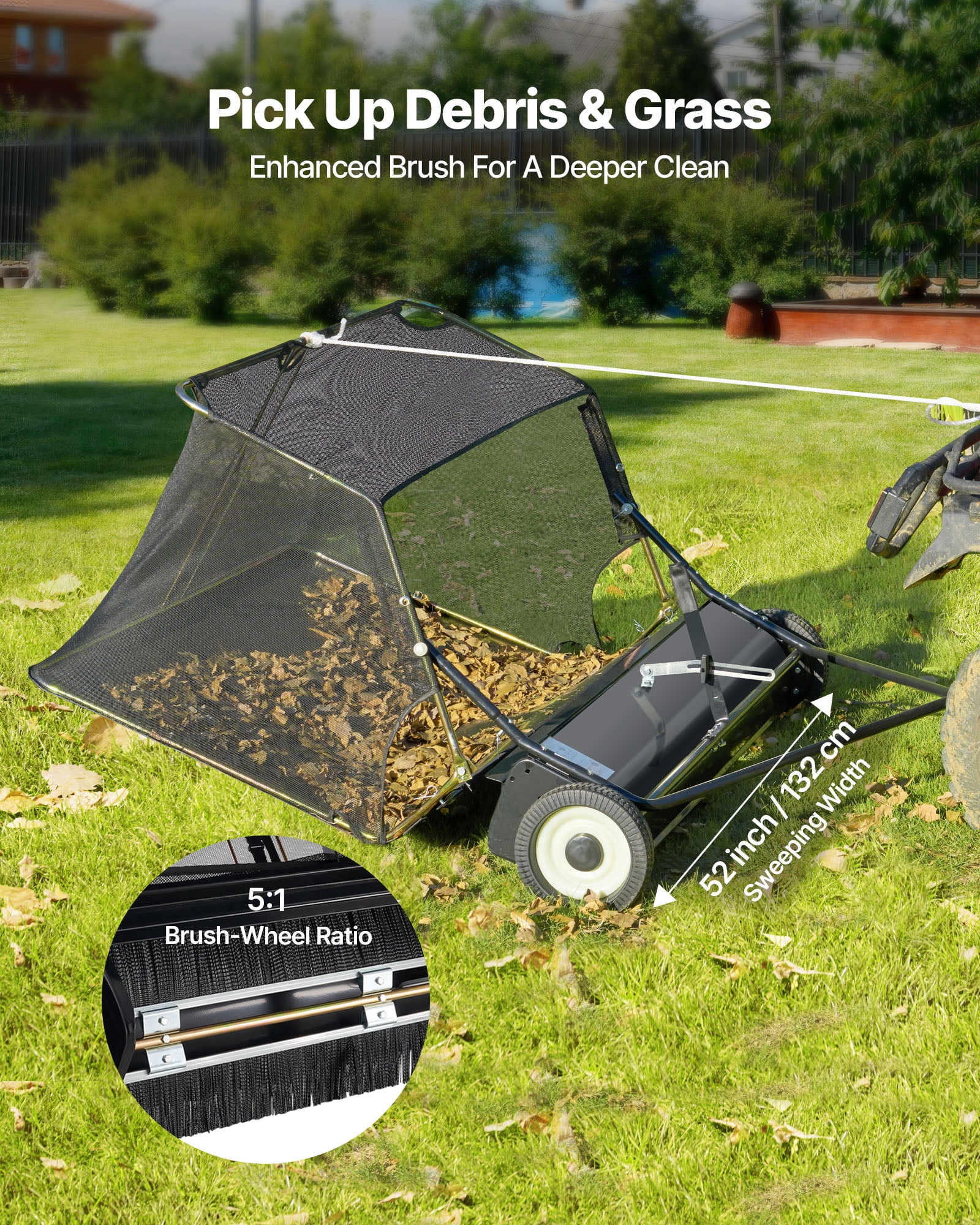 VEVOR 52 in Tow Behind Lawn Sweeper, 26 Cu.ft. Large Yard Sweeper, Adjustable Sweeping Height, Heavy Duty Leaf & Grass Collector with Dumping Rope, Pull Behind Sweepers for Debris Grass Clippings