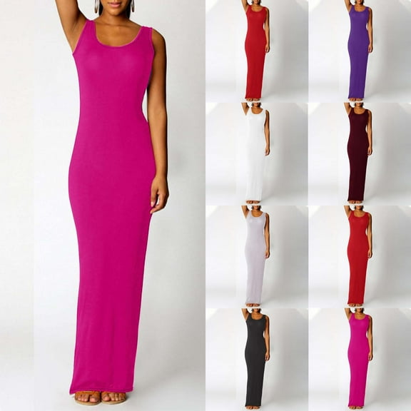 Eiyaclvo Summer Maxi Dress for Women Casual Slip Long Tank Dress Sleeveless U Neck Slim Fit Elegant Bodycon Long Dresses