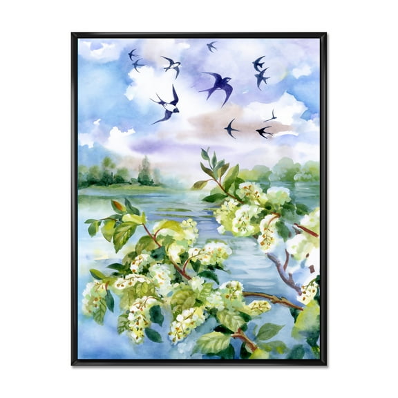 Designart 'Flowers of The Cherry Blossoms On A Spring Day Landscape' Traditional Framed Canvas Wall Art Print