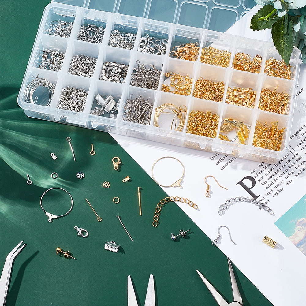 DIY Earring Making with Metal Earring Hook Lobster Claw Clasp Jump Ring Bead Cap Ribbon End Cord End Head Pin and Findings Mixed Color 21.8x11x3cm DIY