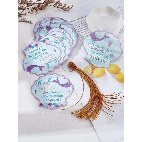 24Pcs Mermaid Theme Paper Thank You Gift Tags Shell Shape Labels with 24Pcs Cord Dark Violet Wrapping Tags