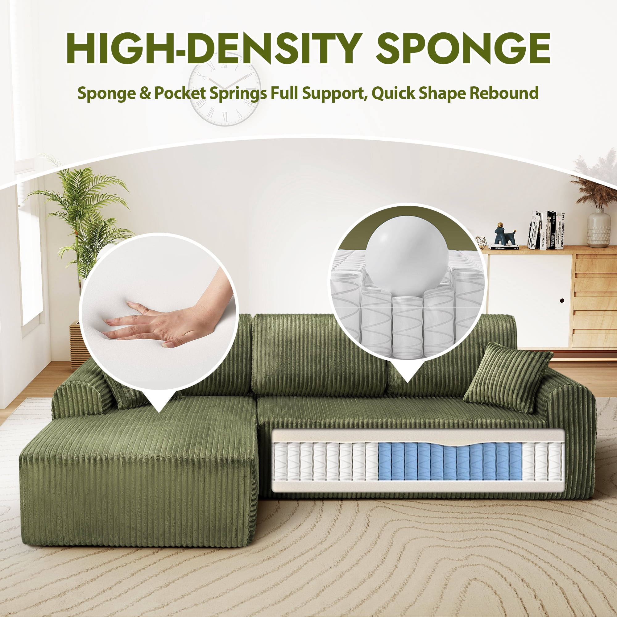 Aukfa 109" Modular Cloud Sectional Sofa with L-Shape Chaise, Corduroy Upholstered Deep Seat Couch, Left Facing Chaise, No Assembly Boneless Sofa for Living Room/Bedroom/Apartment, Green
