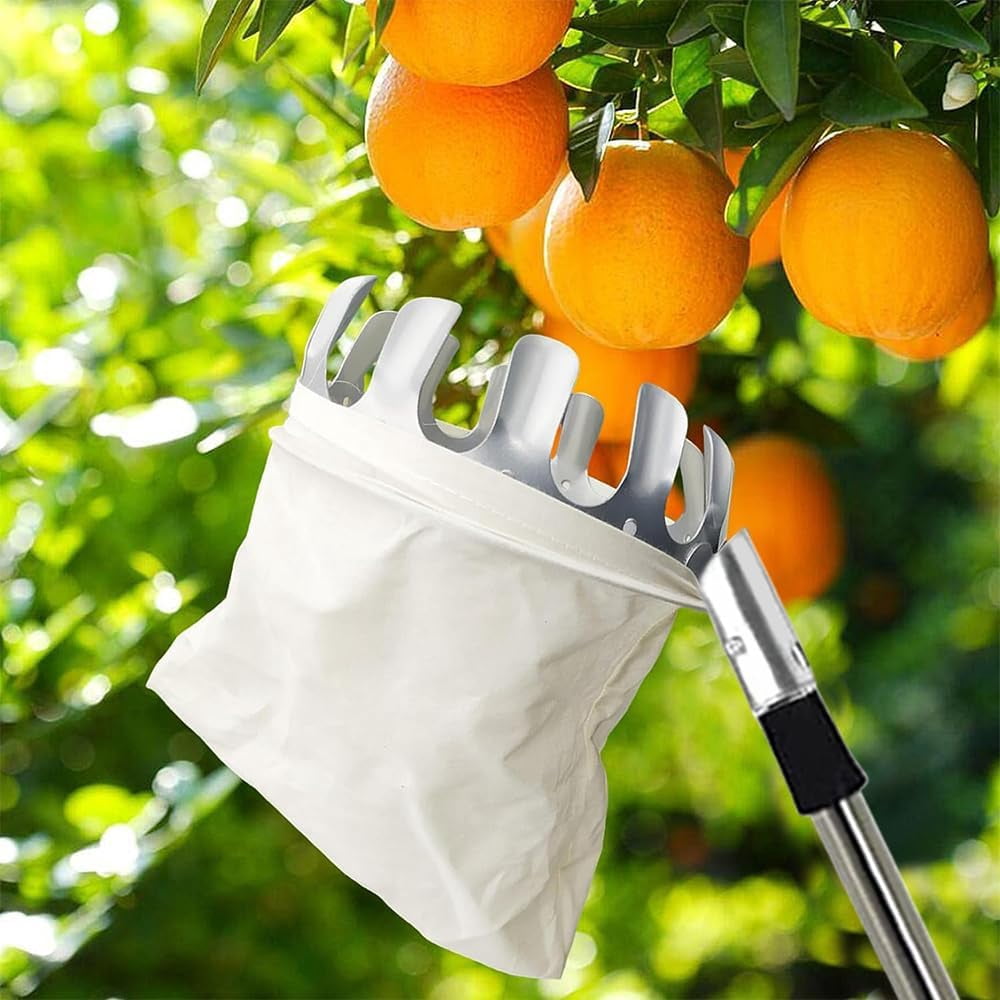 Fruit Picker, Dingrich 2.8 m Apple Picker with Telescopic Handle, Extendable Reach Metal Picker with Cotton Bag, Food Picking Equipment with Non-Slip Grip Handle for Garden Tool