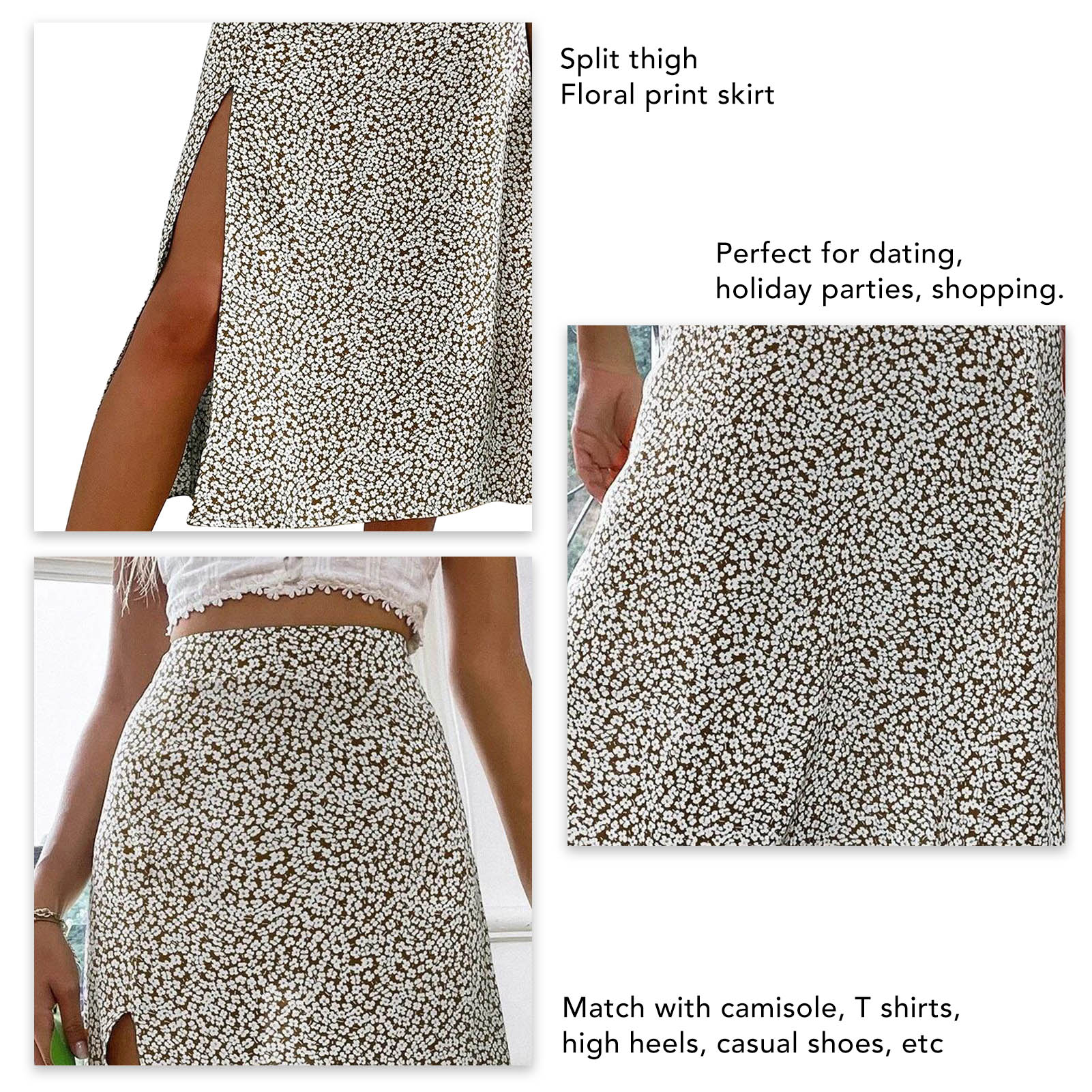 Women Split Thigh Skirt Soft Casual Fashionable Elegant Floral Print Skirt for Dating Shopping Light Brown L - image 4 of 5