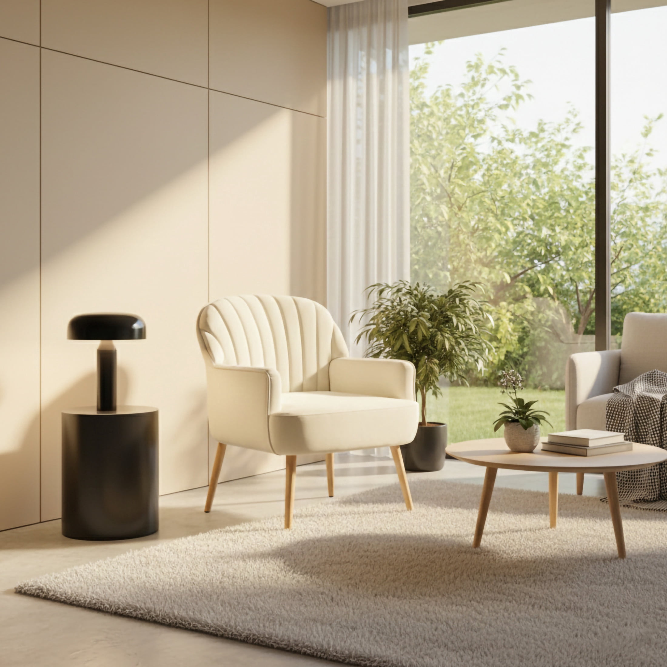 Noble House Ordis Velvet Accent Chair with Shell-Shaped Backrest & Metal Legs, Comfy Barrel Chair for Living Room, Beige