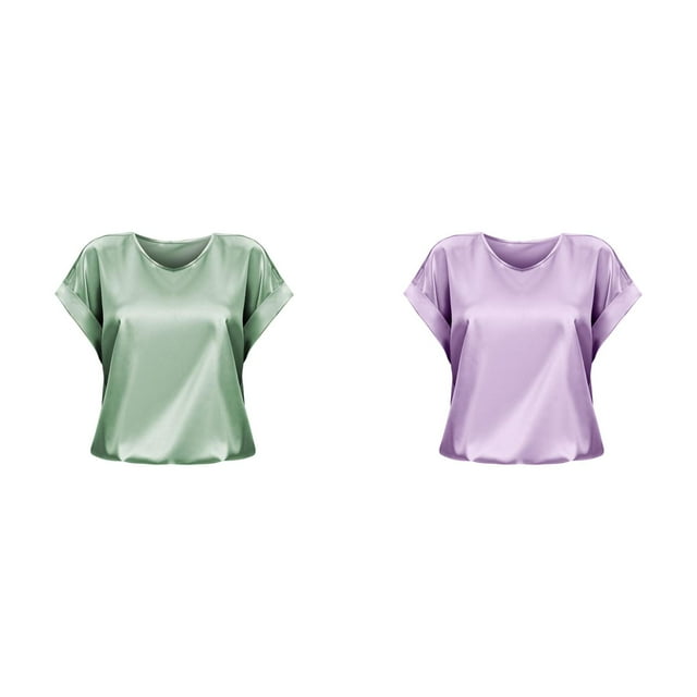(Lot de 2) Rinsvye Printemps et Été Hauts à Manches Longues pour Femmes Chemise en Satin à Manches Courtes pour Femmes Musculation Chemises à Manches Longues Décontractées Col Rond T-Shirt de Course pour Femmes