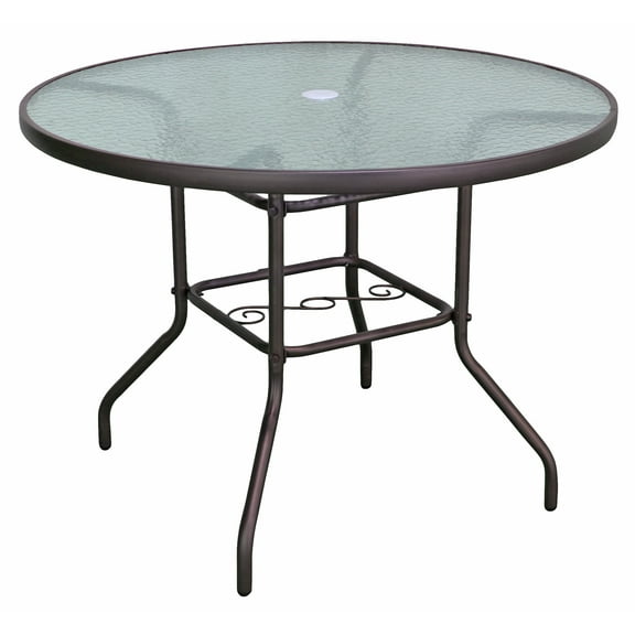 Garden Elements Outdoor Round Patio Dining Table, Steel Base and Rim with Waterwave Glass Top, Brown, 40"