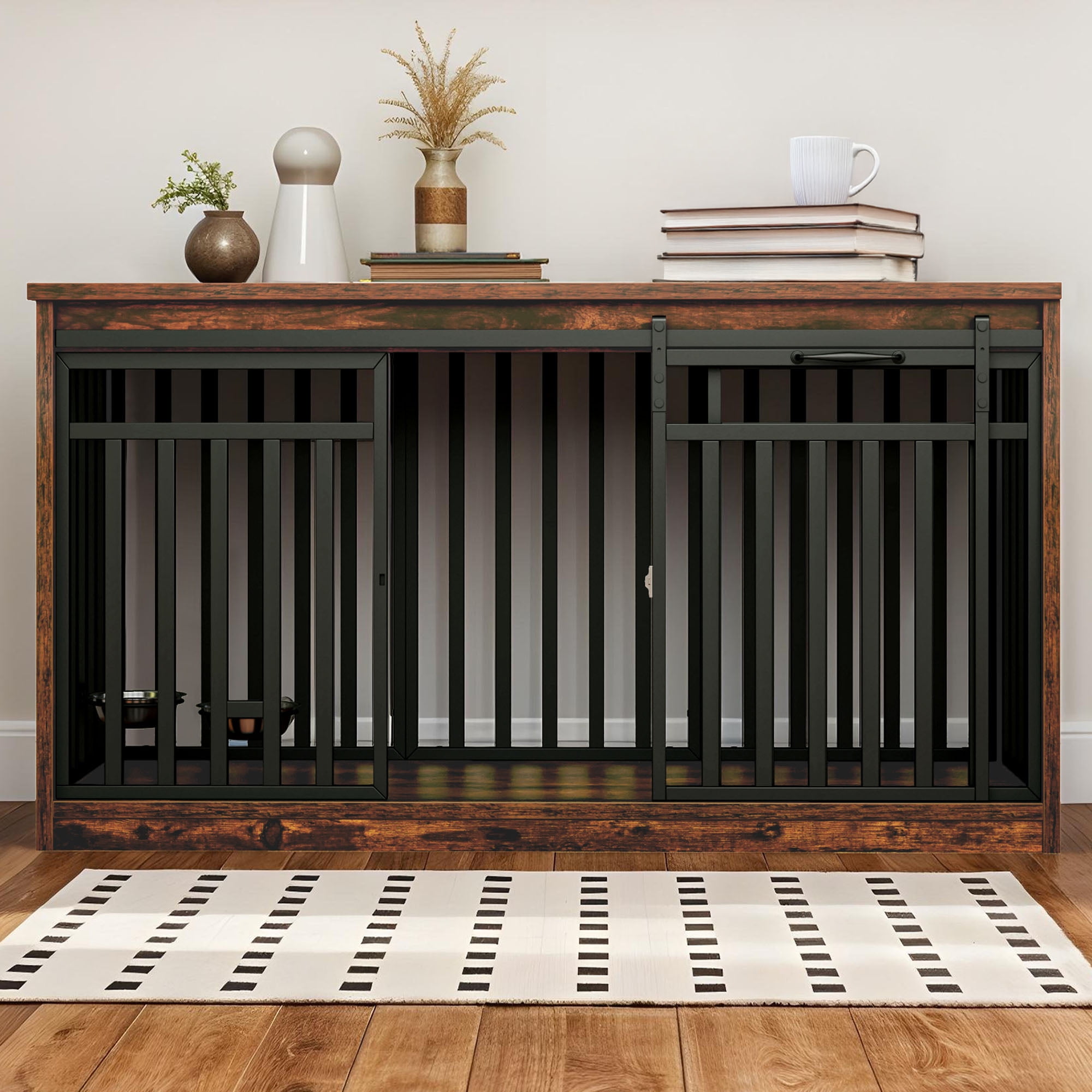 Uforic Large Dog Crate Furniture with 2 Dog Bowls, 55.1 Inch Heavy Duty Wooden TV Stand, Metal Dog Kennel, Rustic Brown