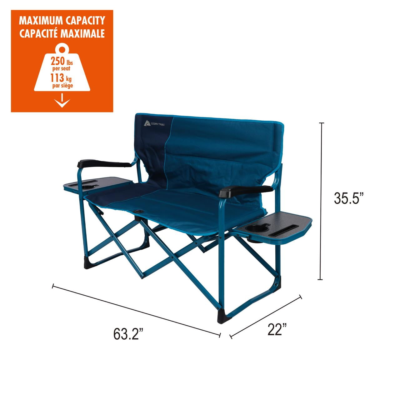 Ozark Trail Directors Camping Loveseat with Side Tables, Blue, Outdoors, Camping