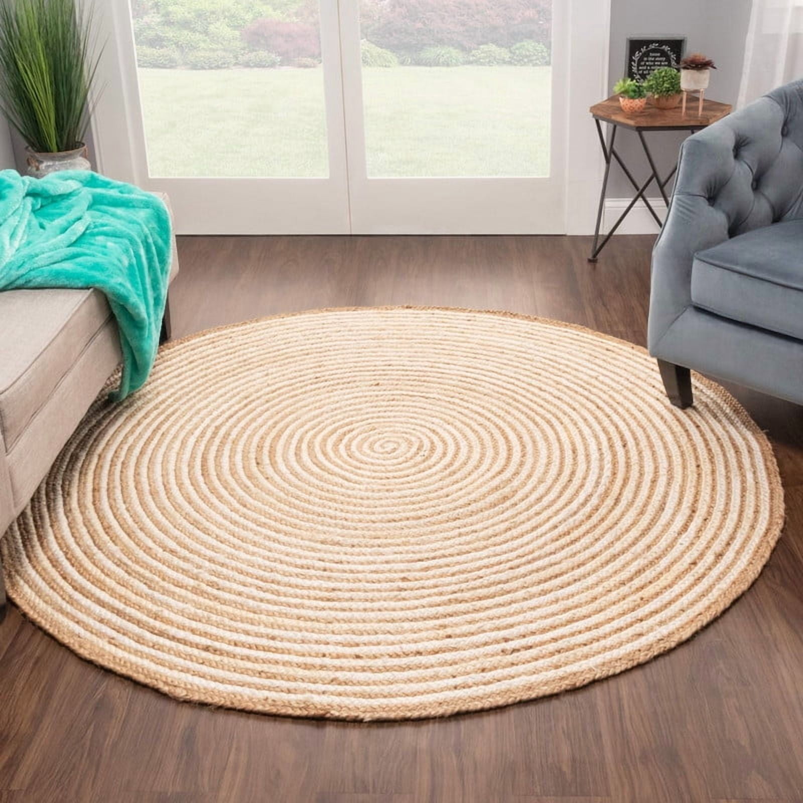 Jute Round Natural Braided Reversible Area Rug , Eco Friendly Rustic Farmhouse Boho Carpet for Living Room, Bedroom, Kitchen, Dining, Ivory, 4 FT