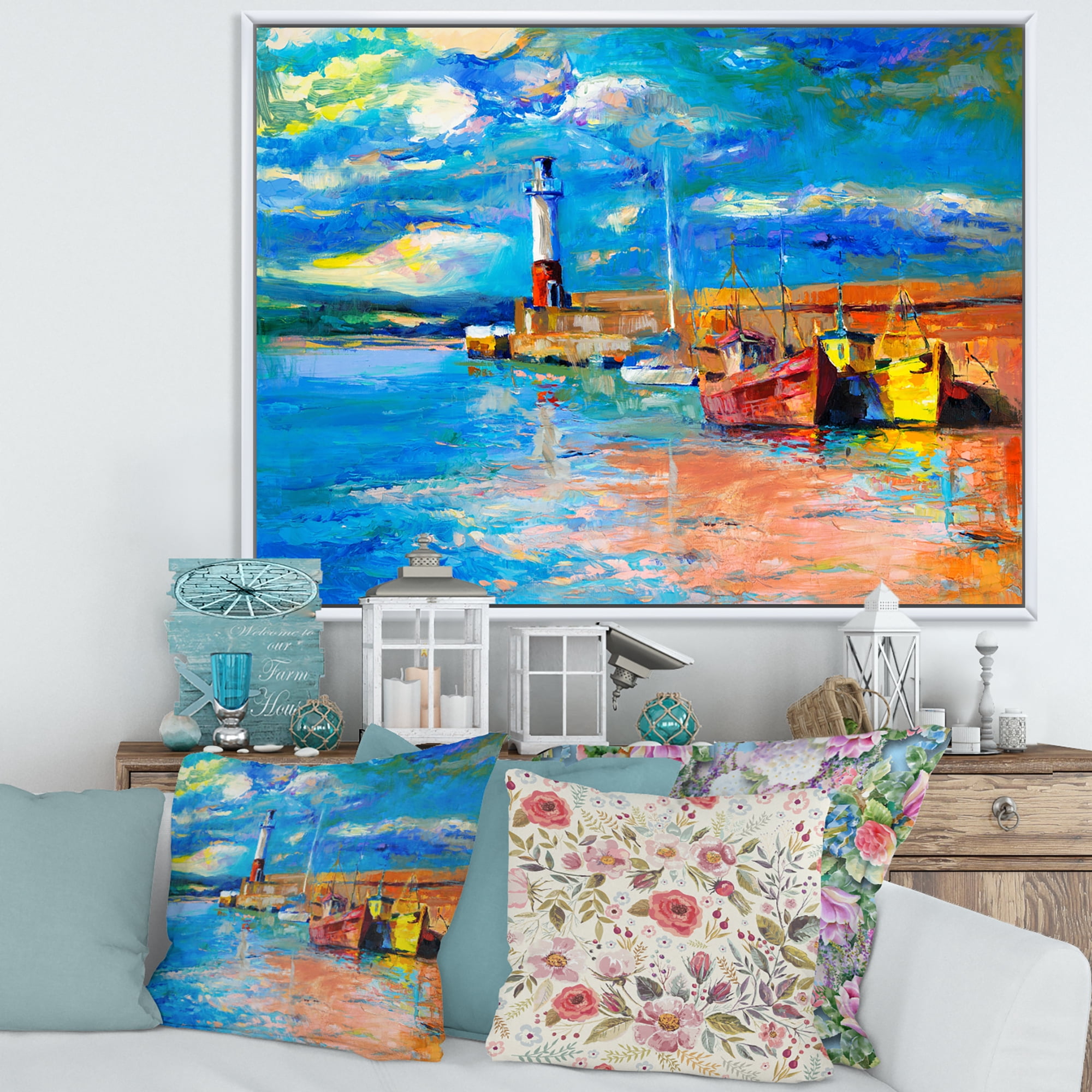 Designart 'Lighthouse By The Shore In Evening Glow ' Nautical & Coastal Framed Canvas Wall Art Print