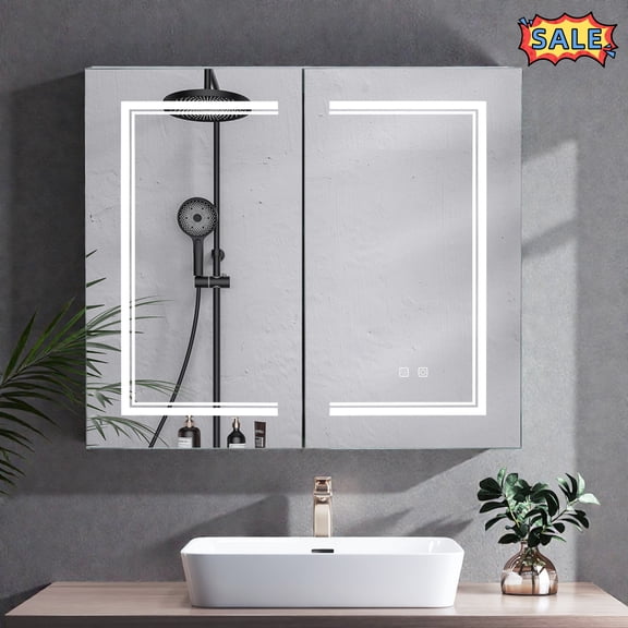 Tcbosik Wall Mounted Mirrored Cabinet with LED Lights and Charging Station, Medicine Cabinet with 3 Doors, Storage Cabinet with Adjustable Shelves for Kitchen, Bathroom, Space Saving, White