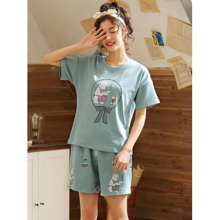 - Maraso Women Cute Cartoon Print Short Sleeve Two-Piece Pajamas Home Clothing Wear + Shorts Sleepwear