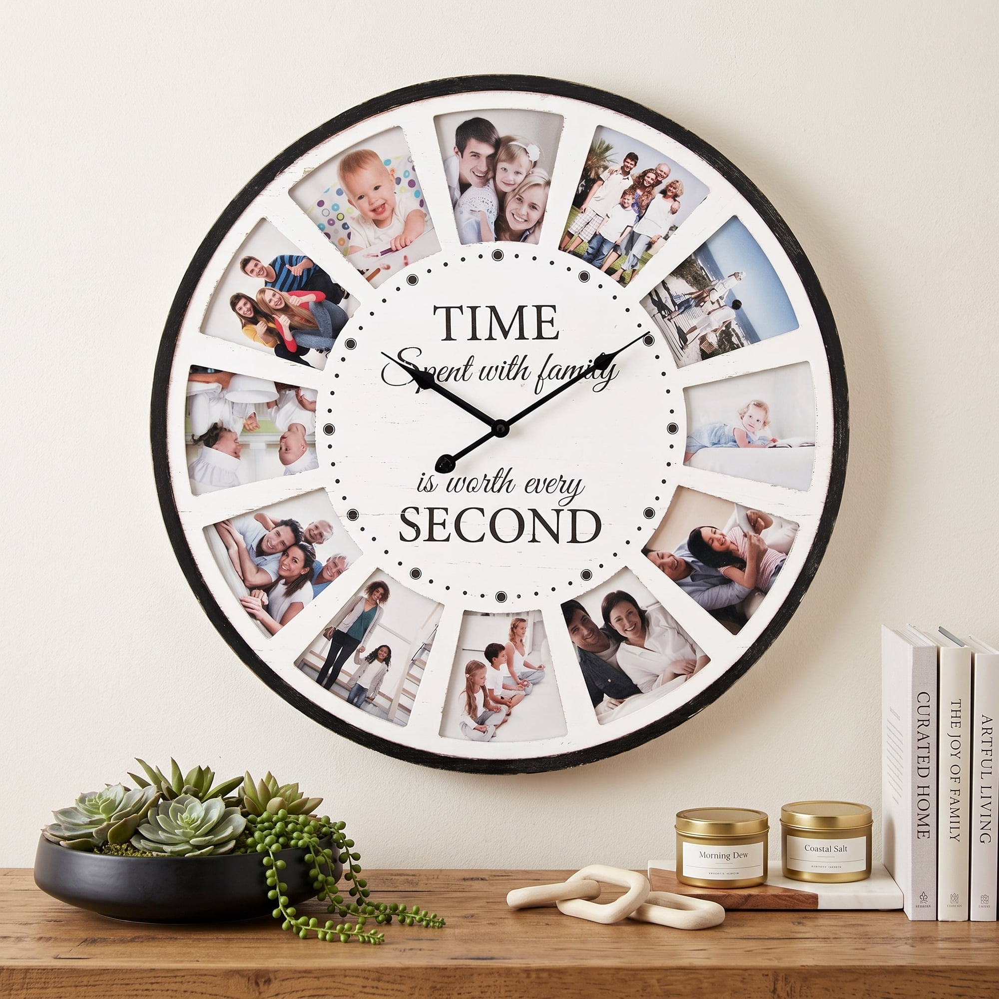 MODE HOME 24 inch Rustic Farmhouse Wood Wall Clock with 12 Photo Frames and Family Quote, Large Decorative Clock for Living Room, Kitchen and Home, Silent Battery Powered, White