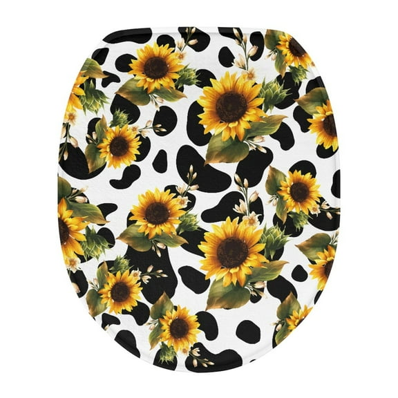 ZUXONGSY Sunflower Cow Print Flannel Toilet Cover Elongated Toilet Seat Covers for Bathroom with Elastic Bottom Soft Stretchable Toilet Lid Covers Anti-Slip Bathroom Decorative Accessories